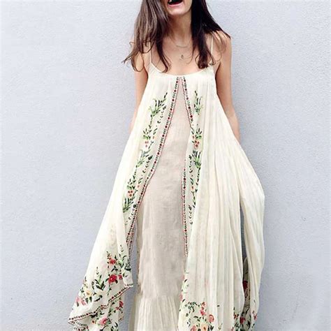 2018 Summer Bohemian Maxi Dress Floral Embroidered Women Dresses Ruffle Hem Boho Hippie Beach