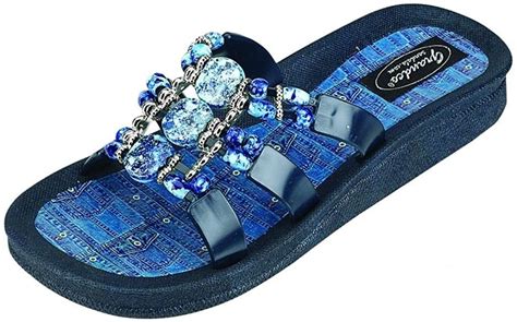 Grandco Womens Sandals Denim Slide Jeweled Beaded Flip Flops 8 Blue