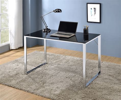 ariah home and office workstation computer desk chrome metal frame and black tempered glass top