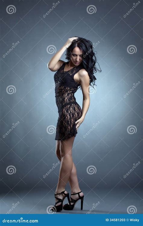 Hot Slender Brunette Posing In Black Lacy Negligee Stock Image Image