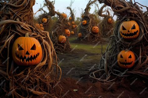 Premium AI Image | Pumpkin patch with twisted vines and sinister faces