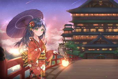 Wallpaper Falling Star Anime Girl Sky Kimono