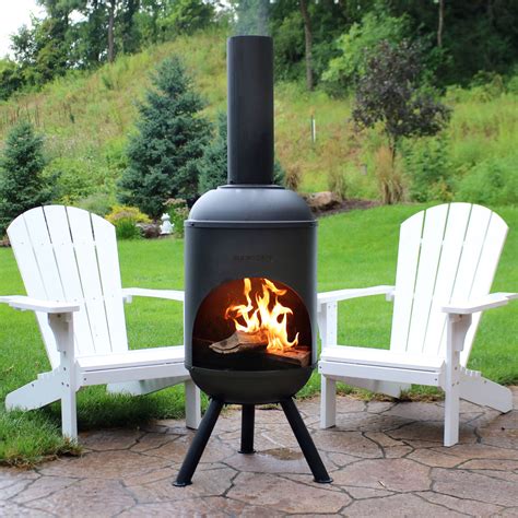 Sunnydaze Modern Chiminea Steel Outdoor Wood Burning Fire Pit Large 5 Foot Black Fireplace