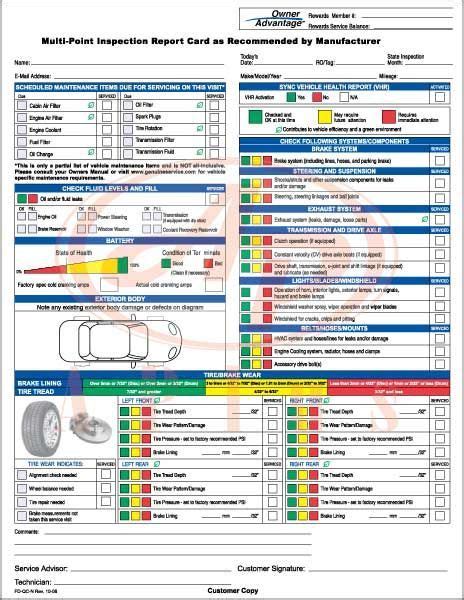 Ford Multi Point Inspection Report Card 1 Vehicle Inspection Car