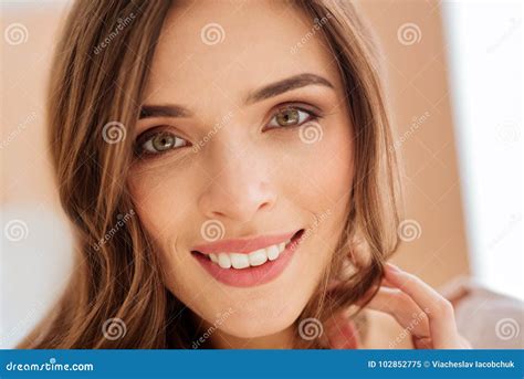 Close Up Look On Beaming Young Woman Stock Image Image Of Indoors Enjoying 102852775