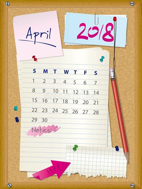 2018 Calendar Month April Cork Board With Notes Stock Vector
