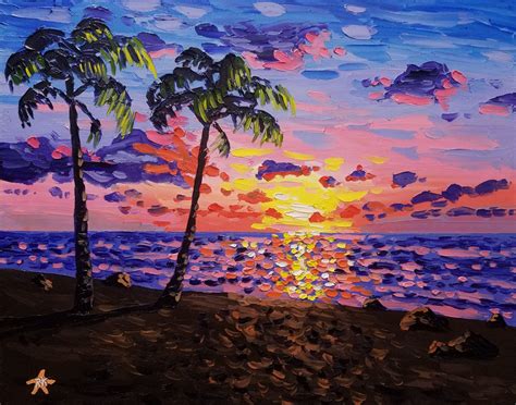 Sunset Oil Painting Palette Knife Paintings Beach Themed