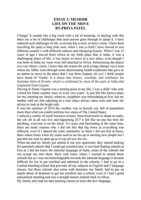 Essay 1 Memoir Essay 1 Memoir Life On The Move By Priya Patel