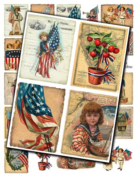 Vintage Americana Patriotic Collage Sheet Red White And Blue Images