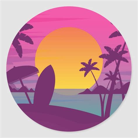 Purple Sunset Surf Beach Classic Round Sticker Zazzle Purple Sunset