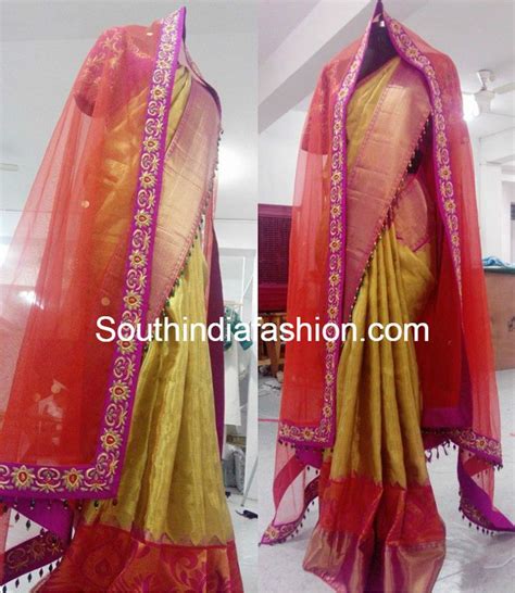 Gold Kanjeevaram Saree And Designer Blouse South India Fashion Saree Indian Bridal Sarees