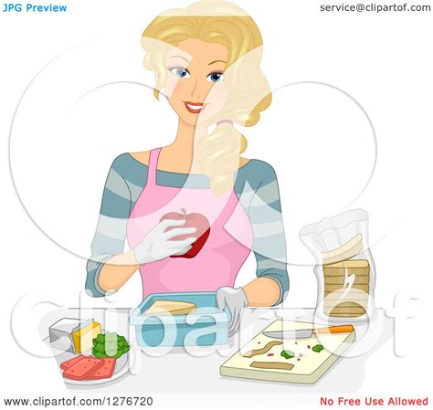 Clipart Of A Happy Blond White Lunch Lady Preparing Meals Royalty