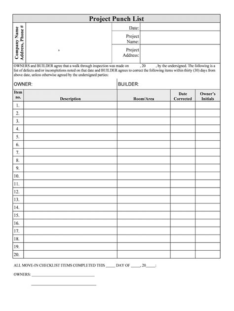 Construction Punch List Template Excel Fill And Sign Printable