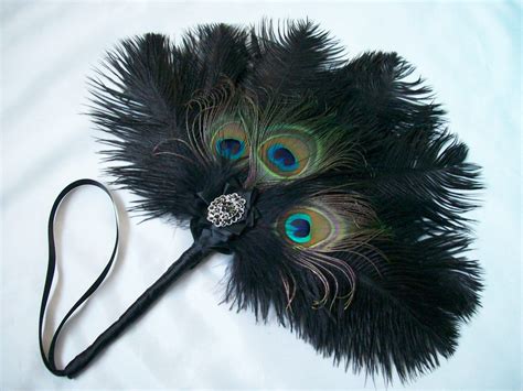 Standard Size Black Ostrich Feather Wedding Hand Fan With Peacock