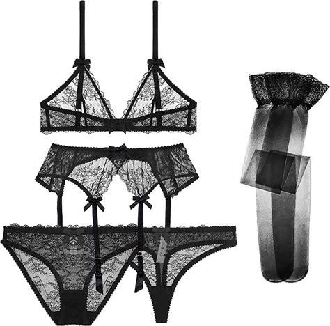 varsmiss lingerie set sheer lace bra panty with thong garter belt stockings 5 piece