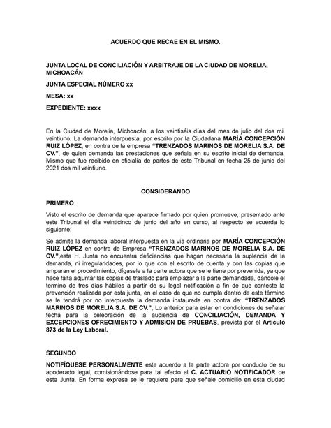 Ejemplo De Un Acuerdo Laboral Acuerdo Que Recae En El Mismo Junta Local De Conciliaci N Y