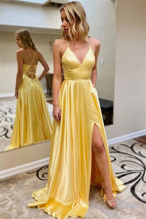 Simple Yellow V Neck Satin Long Prom Dress Yellow Formal Dress Party