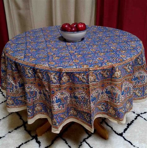 Handmade Hand Block Print Tablecloth 100 Cotton 72 Round Blue
