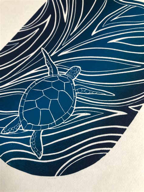 Sea Turtle And The Ocean Original Linocut Print Wall Art Etsy