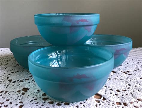 Vintage Glass Bowls Arcoroc France Teal Frosted Glass Set Etsy