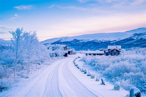 Norway Winter Roads Houses Sky Snow Nature Wallpaper 3240x2160