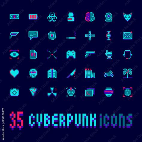 Cyberpunk Pixel Art Vector Icons Set 35 Neon Futuristic Elements High