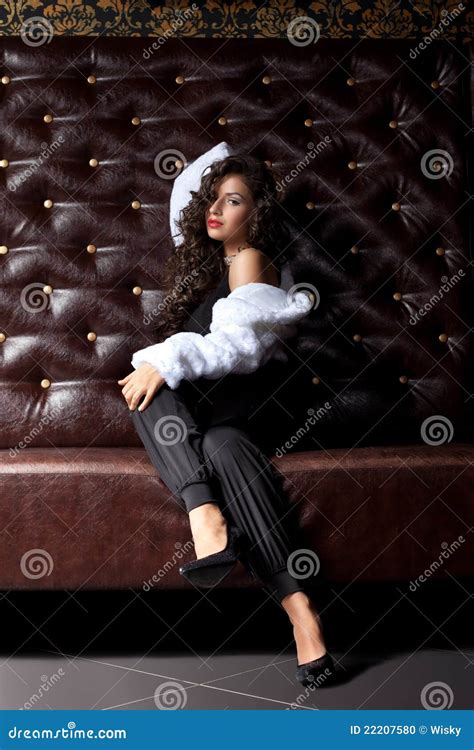 Beauty Woman Posing On Leather Sofa In Dark Stock Photo Image Of