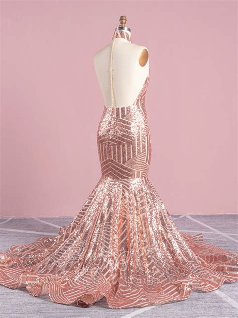 vq rose gold stripe pattern sequin cut out mermaid prom gown