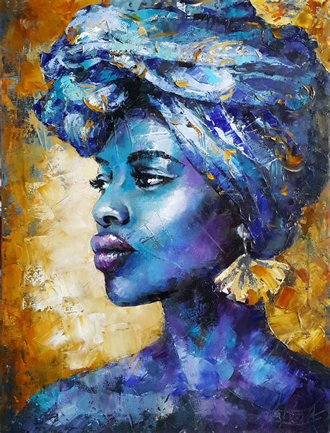 Painting Abstract Portrait African Woman Original Oil Art Portreture Blue Gold Portrai