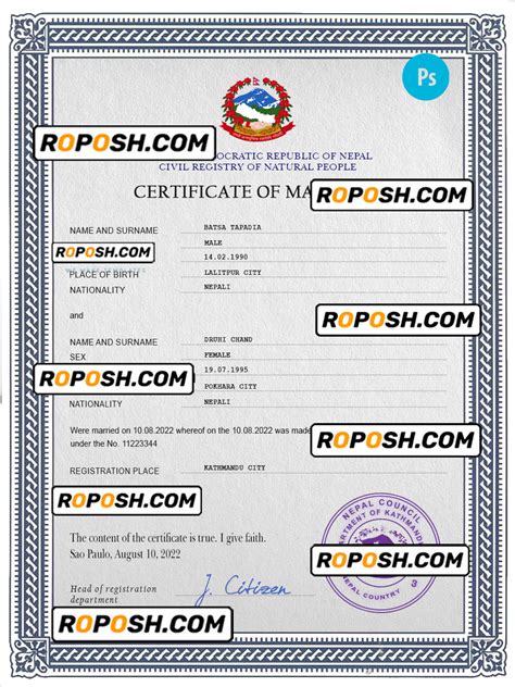 nepal marriage certificate psd template completely editable roposh