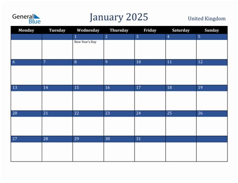 January 2025 United Kingdom Monthly Calendar With Holidays