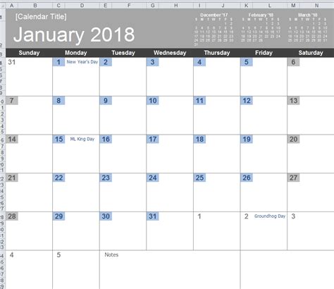 2018 Calendar Template Myexceltemplates Free Download