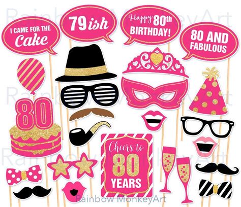 80th Birthday Party Printable Photo Booth Props Pink And Etsy Uk