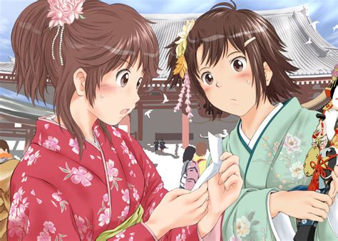 safebooru 2girls amagami blush brown eyes brown hair commentary request flower furisode green