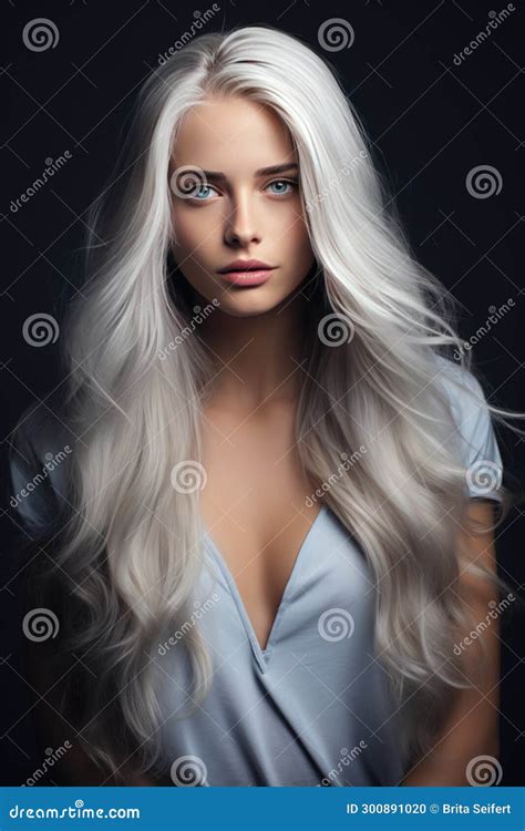 Portrait Of A Beautiful Woman With Long White Hair And Blue Eyes