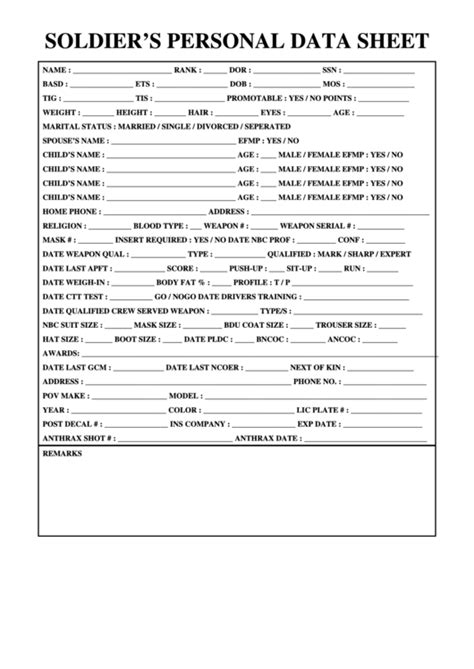 Soldiers Personal Data Sheet Printable Pdf Download