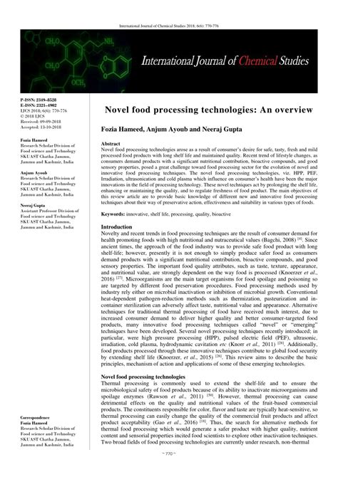 Pdf Novel Food Processing Technologies An Overview