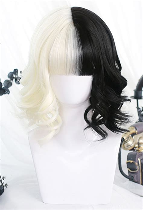 new movie cruella wig half black and white wigs for costume cosplay women girls short curly hair