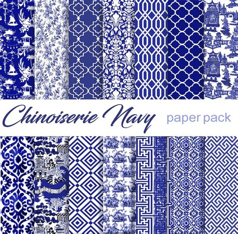 Navy Blue Chinoiserie Oriental Paper Pack 14 Digital Papers Etsy