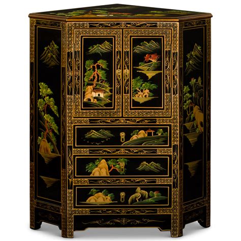 Black Lacquer Chinoiserie Landscape Oriental Corner Cabinet