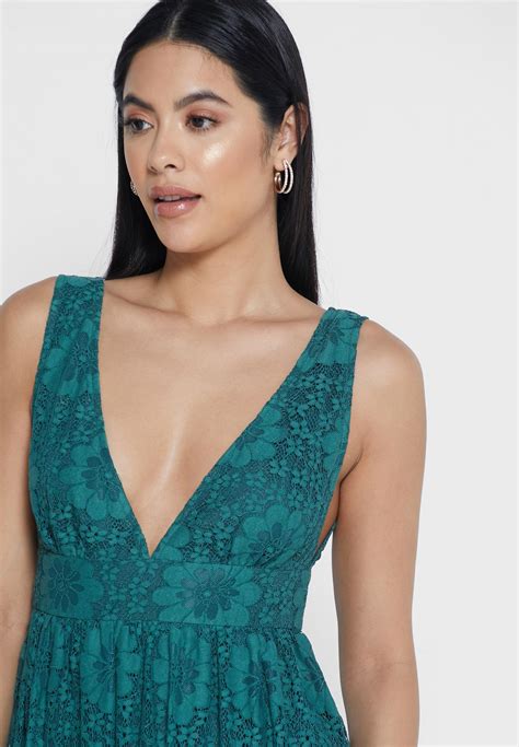 Buy Yas Green Deep V Neck Lace Dress For Women In Mena Worldwide