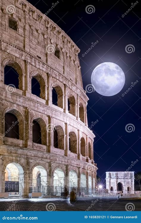 Colosseum And Full Moon Night View Stock Image Image Of Ancient