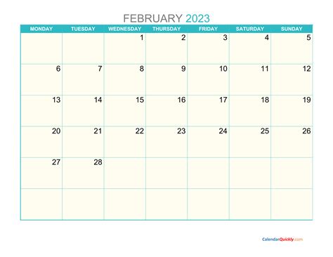 February Monday 2023 Calendar Printable Calendar Quickly