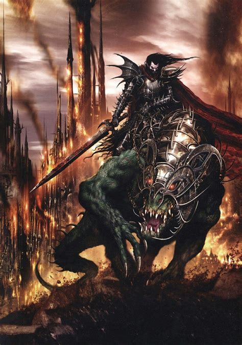 An Image Of A Demon Riding On The Back Of A Horse In Front Of A Castle