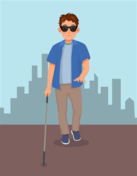 Young Blind Man In Dark Glasses Walking With A Cane Stick On The Street