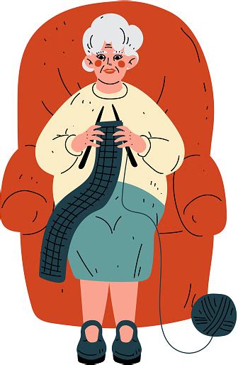 Senior Woman Sitting In Armchair And Knitting Old Lady Daily Activity