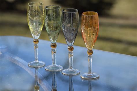 Vintage Multi Colored Etched Liqueur Wine Cordials Glasses Set Of 4 After Dinner Drink