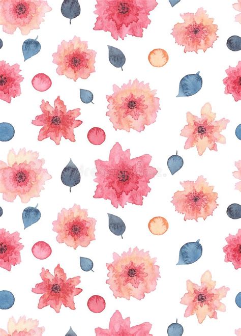 Watercolor Delicate Pink Flowers Spots And Blue Leaves Seamless