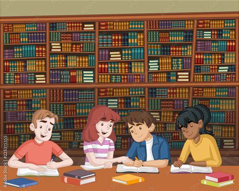 Cartoon Teenager Students With Books On Big Library Kids Studying
