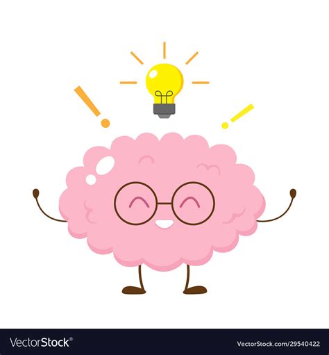 Cute Happy Human Brain In Glasses With Lightbulb Vector Image